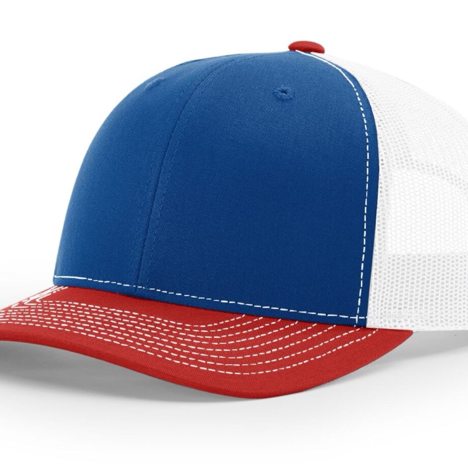 R112 Richardson Trucker Cap Royal and White and Red
